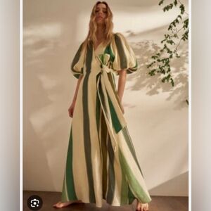 NWT Juan De Dios Emita Green Striped Linen Wrap Dress Size 0
